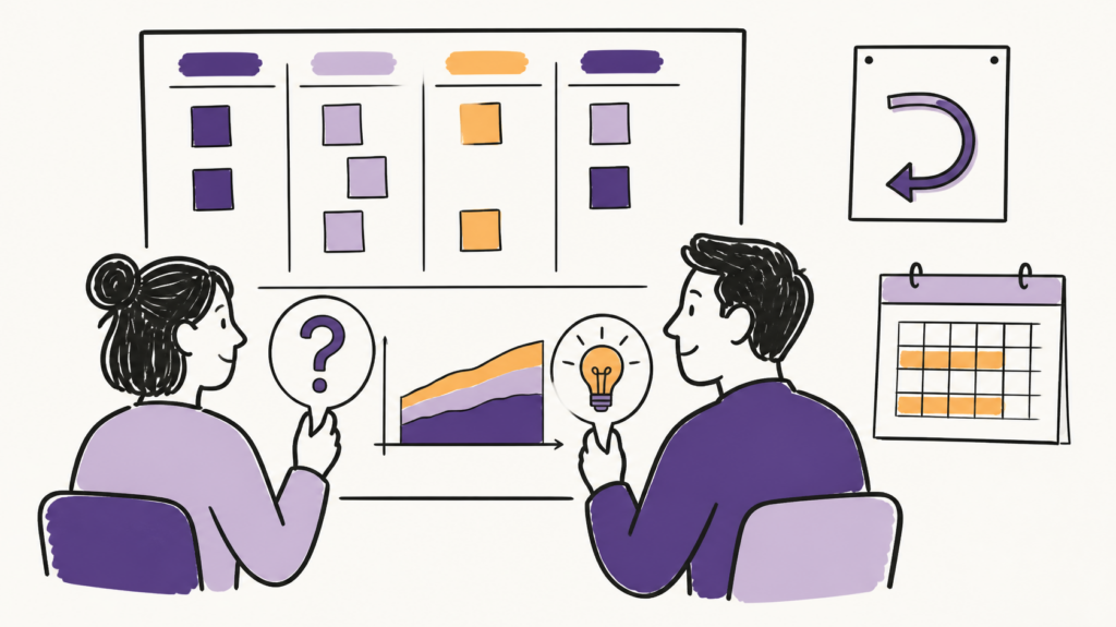 Ilustração Bikablo de duas pessoas olhando juntas um quadro Kanban, uma com uma pergunta e outra com uma ideia