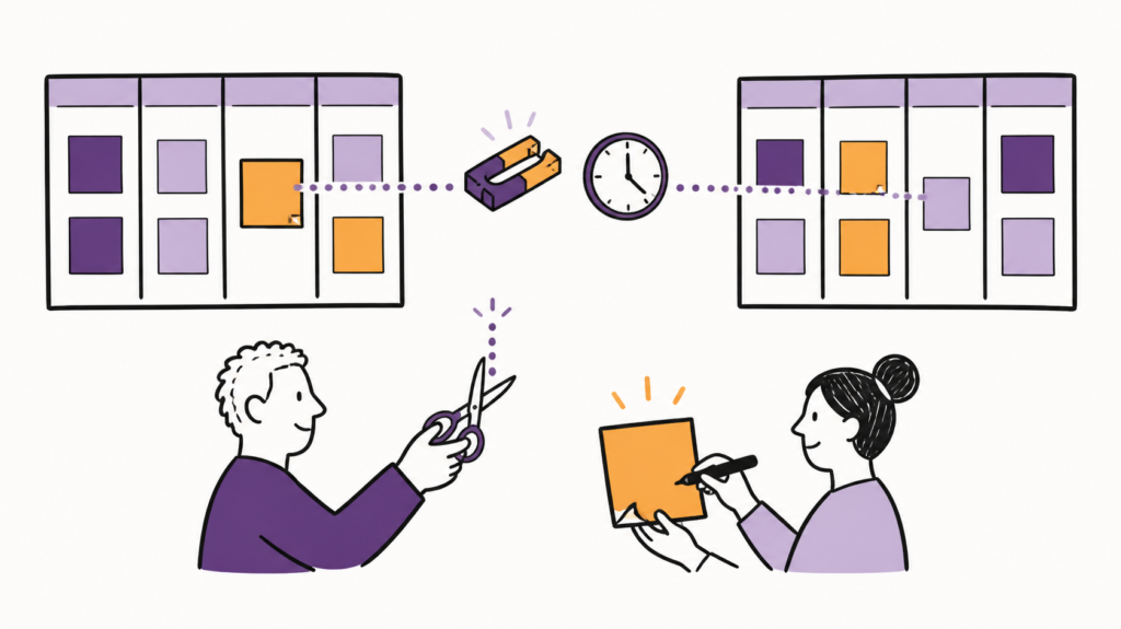 Ilustração Bikablo de dois quadros Kanban ligados por uma linha pontilhada com bloqueio e relógio, e duas pessoas criando um acordo