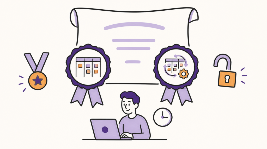 Ilustração Bikablo de um diploma com dois selos, um de quadro Kanban simples e outro de quadro com melhorias