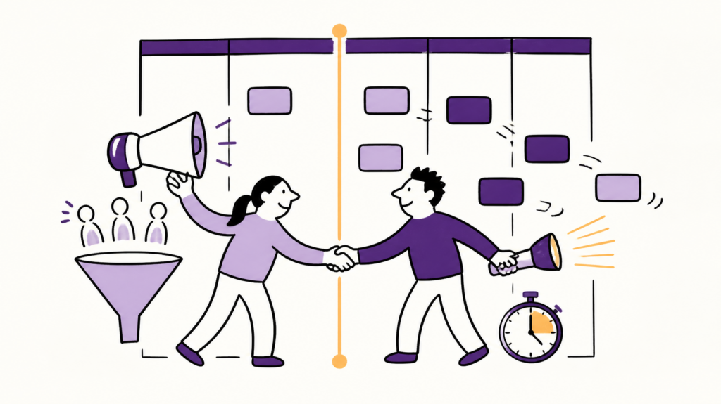 Ilustração Bikablo de duas pessoas se cumprimentando sobre a linha de compromisso de um quadro Kanban